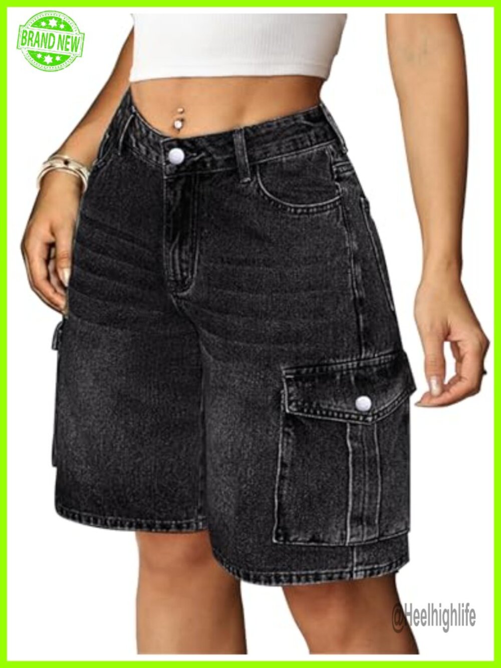 Y2K Baggy Bermuda Cargo Jorts for Women, Stretchy Denim Knee Length 9" Inseam,